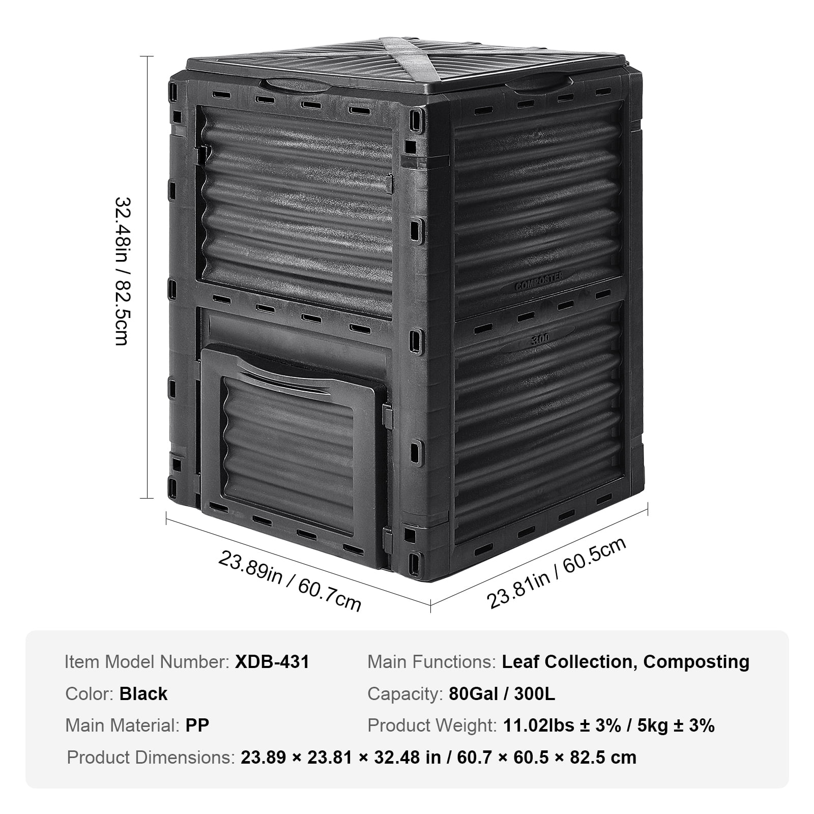 KFFKFF Outdoor Compost Container 80 Gal, Composter Free from BPA, Spacious Garden Composting Bin with Upper Cover and Lower Gate, Simple Assembly, Lightweight, Rapid Soil Fertility Enhancement