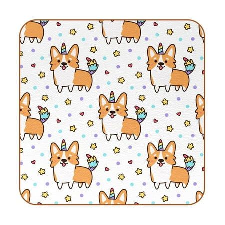 

OWNTA Welsh Corgi Unicorn Pattern Premium 6-Piece Square Coaster Set in Microfiber Leather - Non-Slip & Absorbent Cup Mats