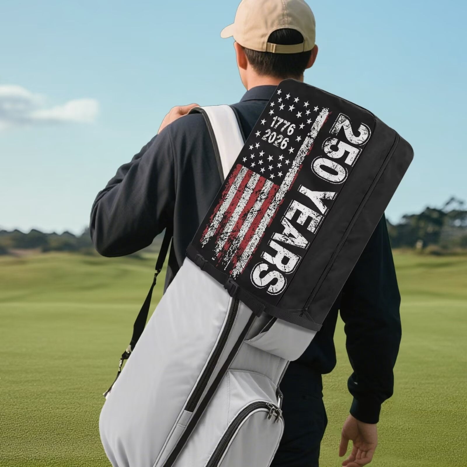 Yuyamidu 250 Years USA Flag Golf Bag Cover 1776-2026 Print Golf Bag Umbrella for Clubs with Snap Button Dust and Sun Protection Fit Most Club Bags