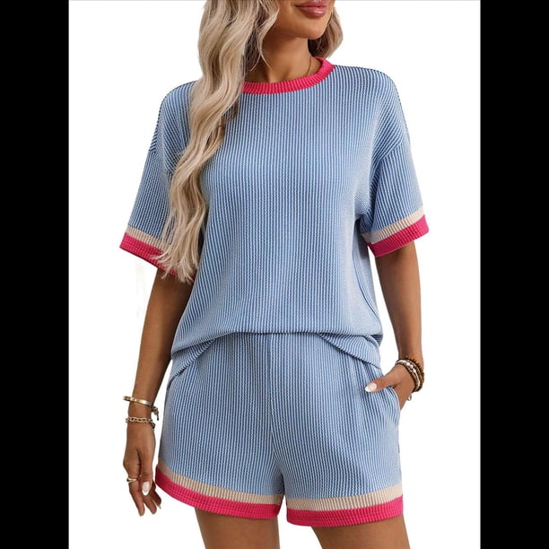 Conjuntos de Dos Piezas para Mujer: Sudadera Informal de Corta, Pantalones Cortos A Juego, Chándal Azul L