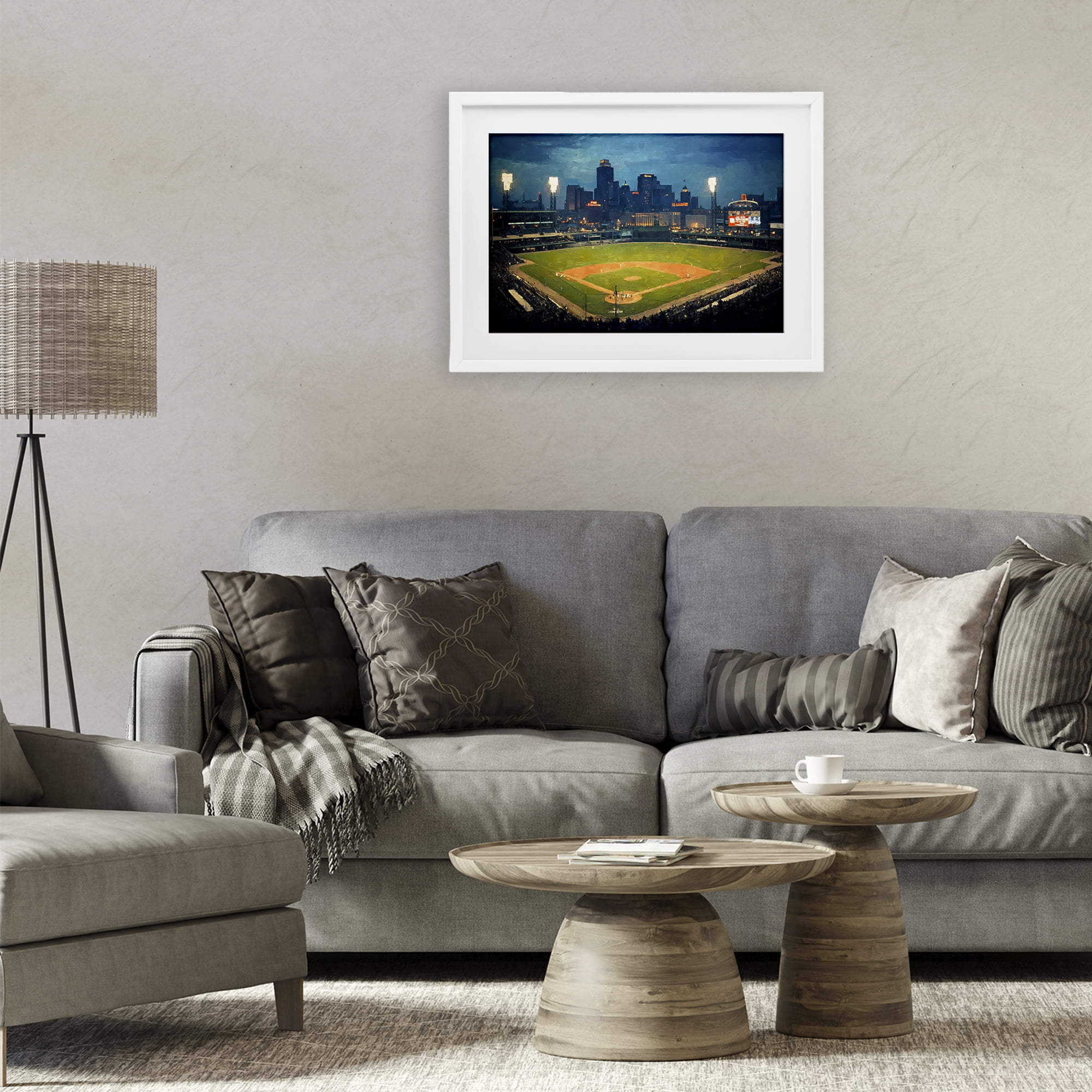Baseball Stadium at Night White Framed Print Under Glass, design by Arlington Prints
