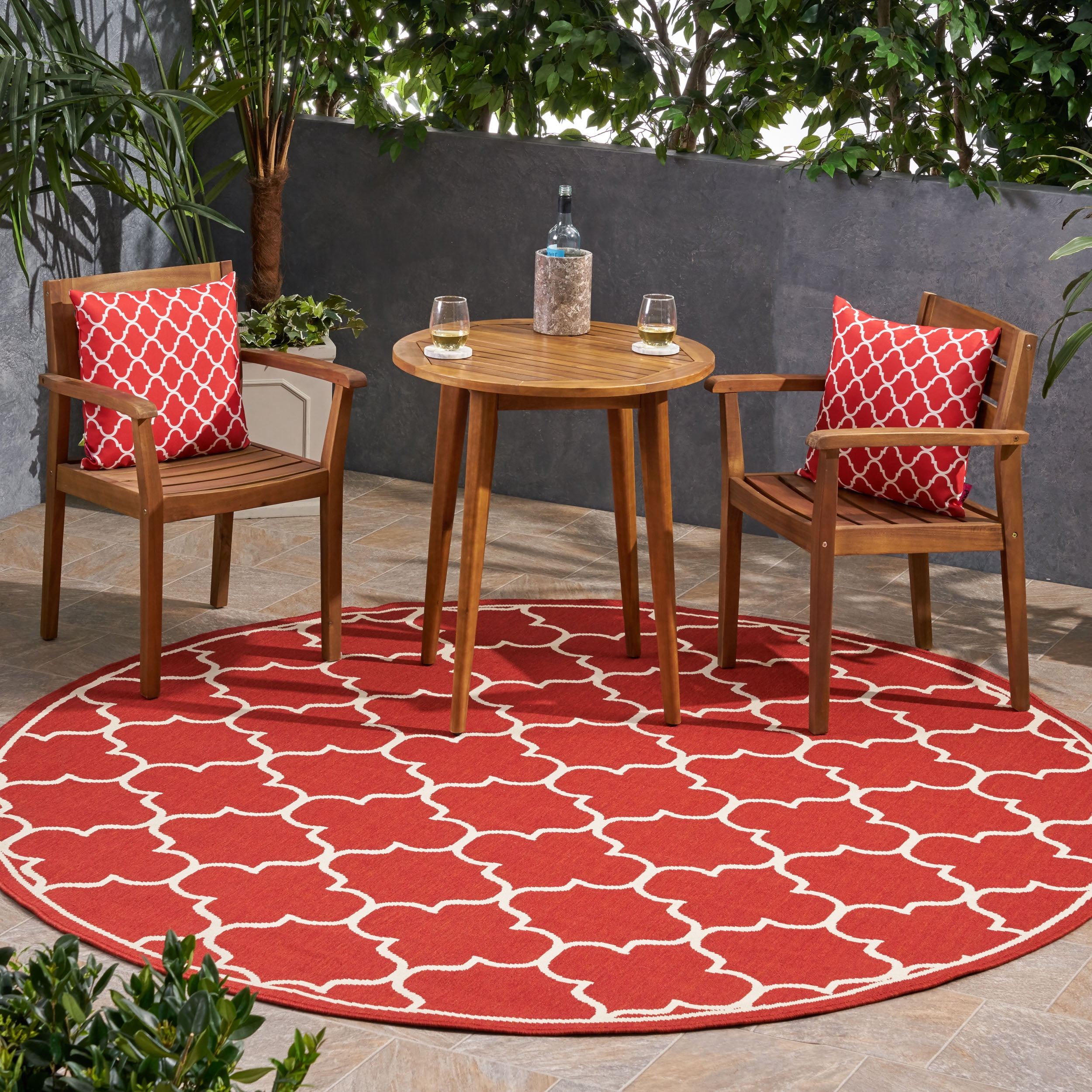 GDF Studio Vivian Outdoor 7'10" Round Trefoil Area Rug, Red and Ivory