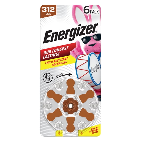 Energizer Hearing Aid Batteries Size 312, Brown Tab, 6 Pack