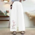 thumbnail image 2 of Embroidered Palazzo Pants for Women Dressy Summer High Waisted Wide Leg Linen Trousers, Elastic Waist Loose Lounge Casual with Pockets Floral Retro, 2 of 6