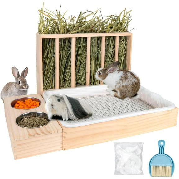 3 in 1 Rabbit Hay Feeder with Litter Box,Upgraded Wooden Hay Feeder Set for Guinea Pig Chinchilla Bunny Other Small Animals,Quick Cleaning & Large Capacity & Preventing Waste