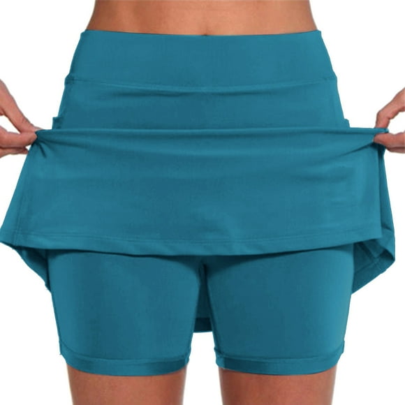 RYKJLWY Jupe-Short Athlétique Été Femme Couleur Unie Midkee Sport Décontracté Pantalon Jupe Demi-Corps Jupe Leggings de Yoga Jupe Deux Ensembles Jupe avec Shorts en Dessous Jupe-Short à Basque pour Femmes (Black1,S)