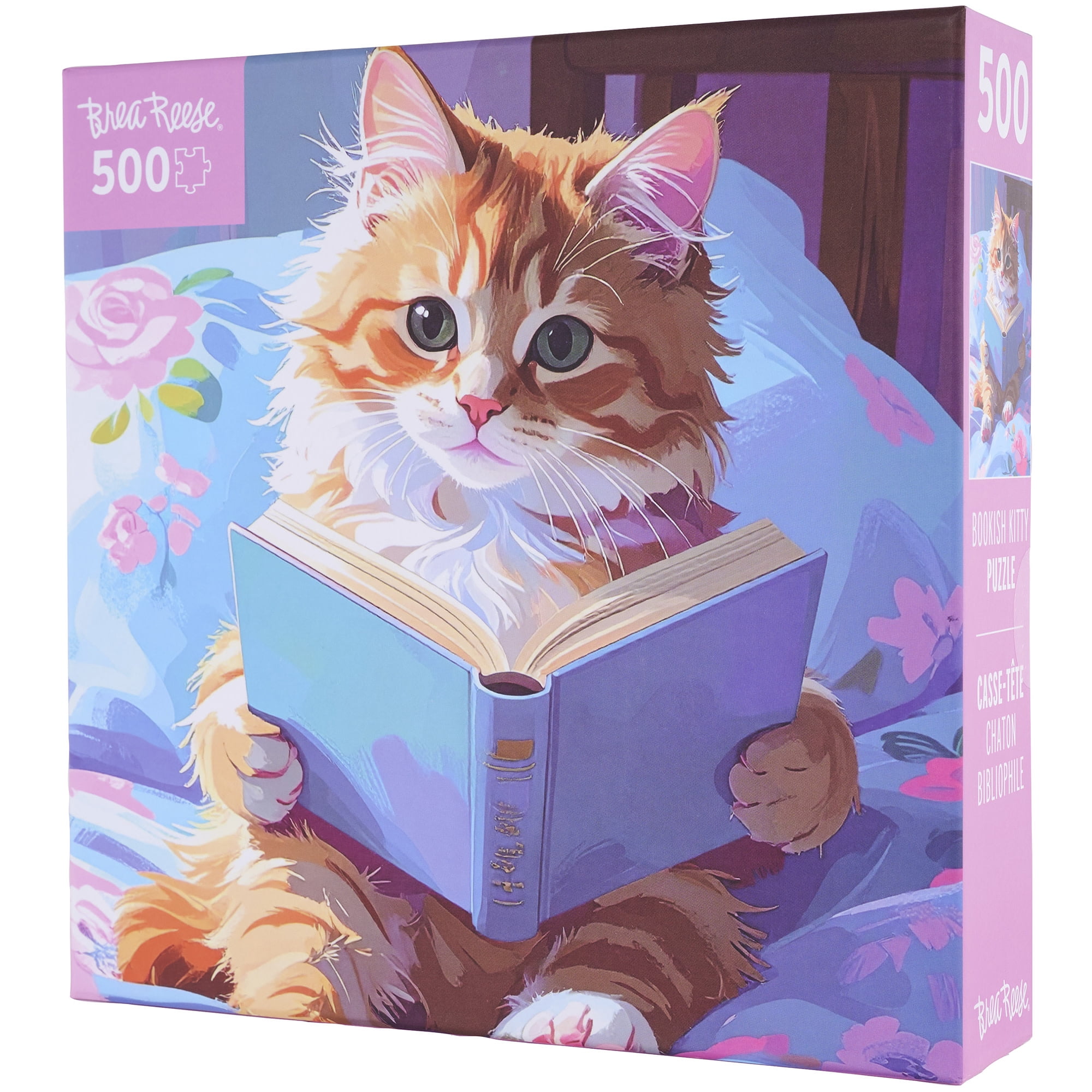 Brea Reese: 500 Piece Puzzle - Bookish Kitty - Cozy Floral Bedding & Animal Reading Scene, Adult Jigsaw, Snap-Fit, Soft-Touch, Image Reference Poster