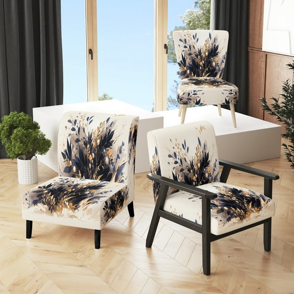 Designart "A Garden of Herbs in Blue and Gold I" Blue Floral Upholstered Accent Chair - Traditional Arm Chair For Living Room