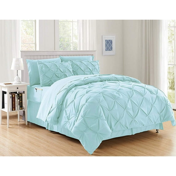 Decotex 8 Piece Luxury Juliet Pintuck Style Bed in a Bag Comforter Bedding Set with Sheets (Queen, Aqua)