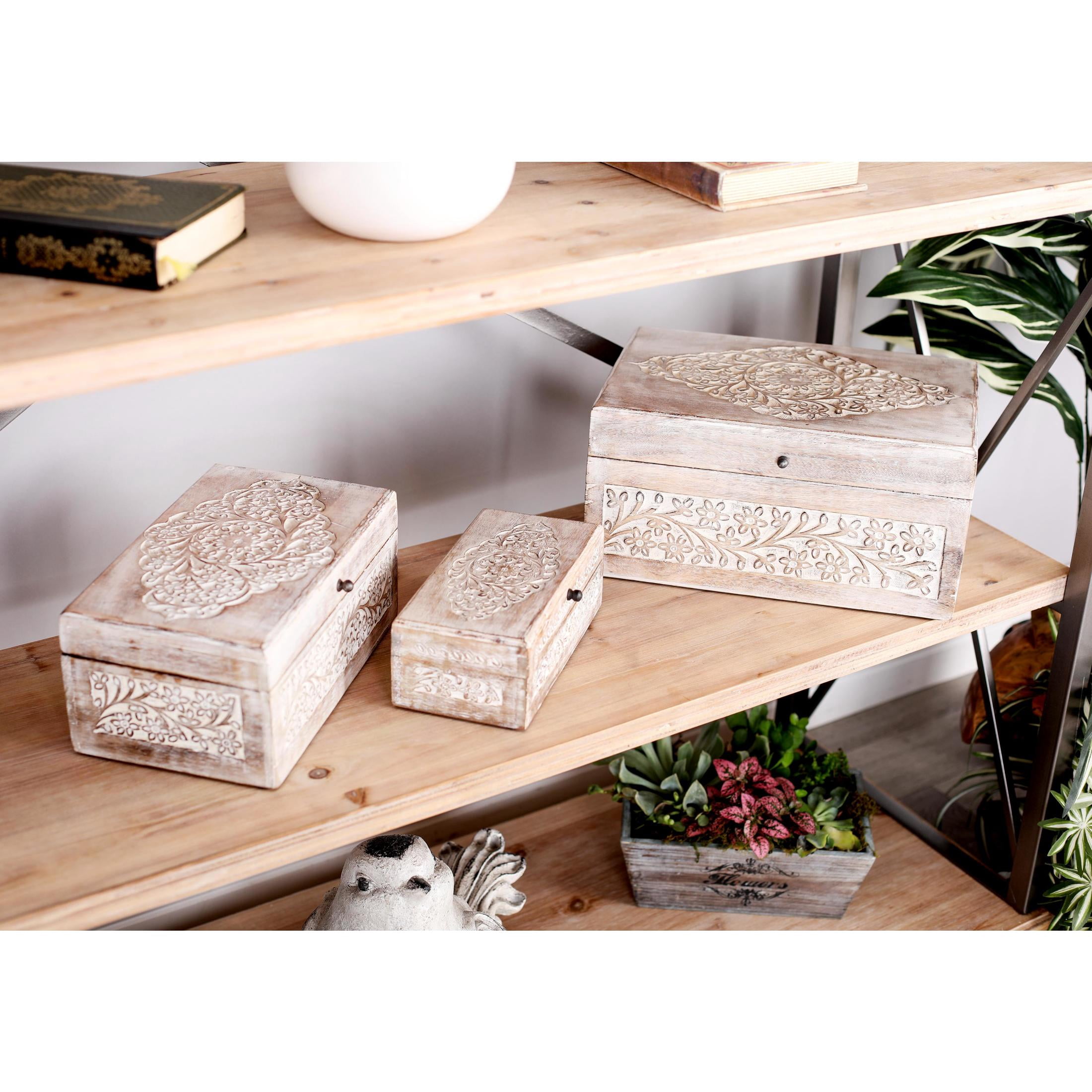 DecMode Floral Cream Mango Wood Decorative Box with Hinged Lid, 3 Count