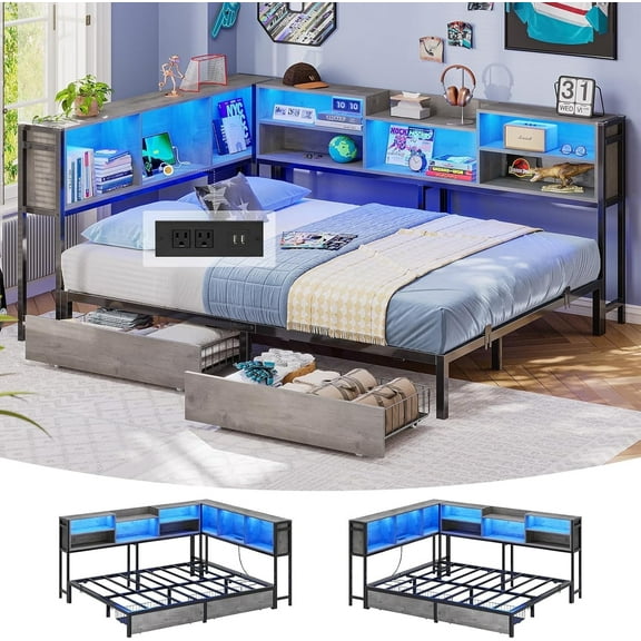 Corner Bed Frame Full Size Metal Platform Beds with 2 Drawers & Charging Station & Led Light, Full Daybed with Bookcase Storage for Guest Room Bedroom, Gray
