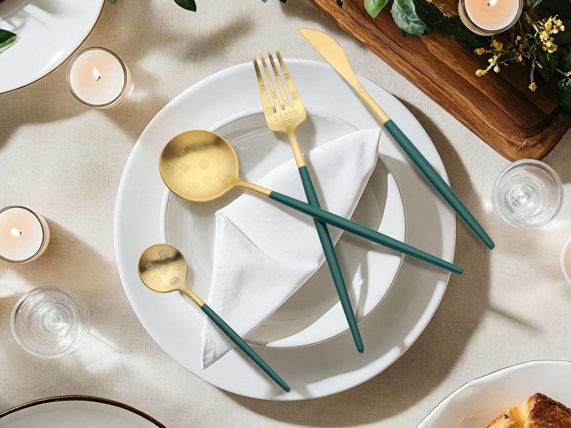 Unique Bargains 4 Piece Stainless Steel Floral Flatware Modern Cutlery Set Green 4
