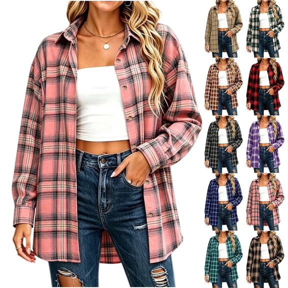 Axiiglly Plaid Flannel Shirts for Women, Casual Long Sleeve Lapel Button Down Shirts, Fitted Women's Plus Size Business Work Tops, Pink Size S-2XL