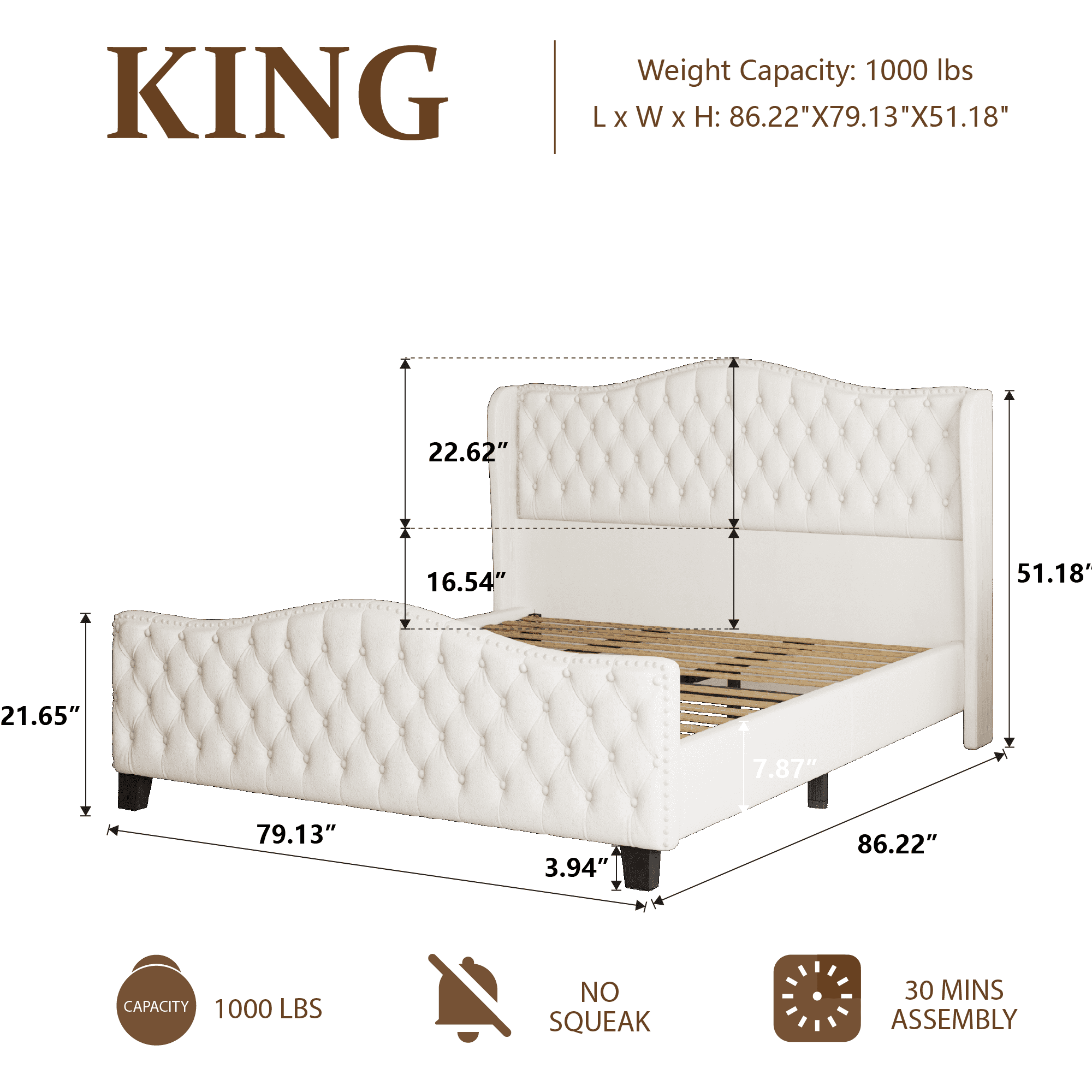 VIPLOV King Size Bed Frame with 51-inch Tall Camelback Headboard & Wingback, Deep Button Tufted Footboard with Nailhead Trim, Cream