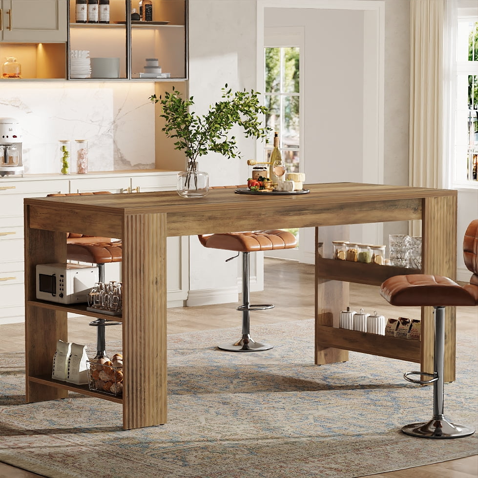 Finmind Kitchen Island with Storage, 63-inch Farmhouse Large Stationary Island Table with Double-Sided Storage Shelves for Kitchen, Rustic Brown