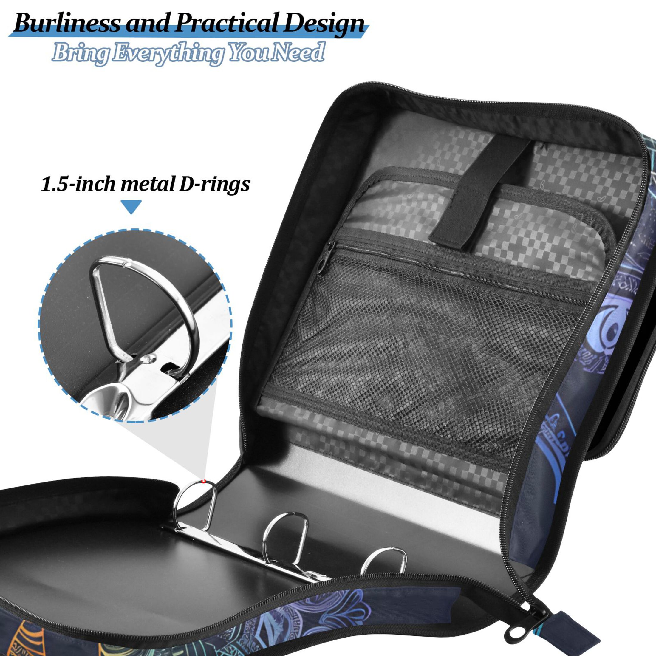 3 Ring Zipper Binder with Shoulder Strap Waterproof Trapper Keeper 2 Inch D-Ring 500 Sheets Capacity Buddhism Silhouette