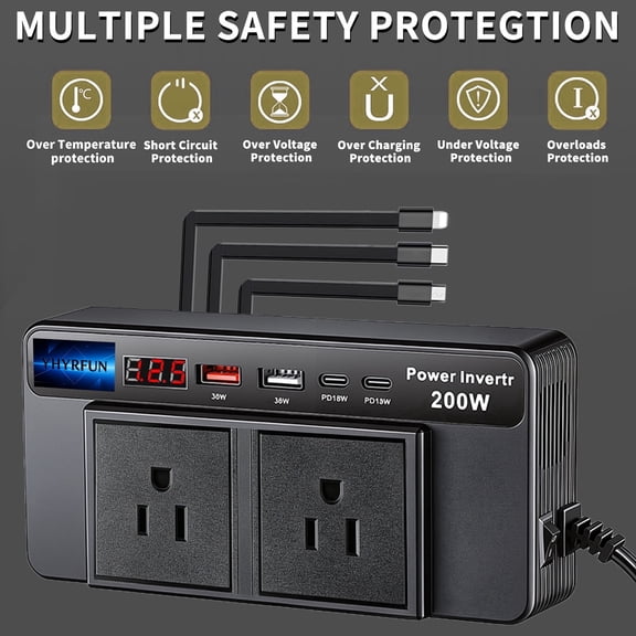 YHYRFUN 200W Car Power Inverter, DC 12V to 110V AC Converter with 36W USB-C & 18W USB Ports, Includes Charging Cables & Cigarette Lighter Socket
