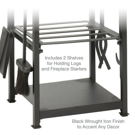 UniFlame Black Wrought Iron Log Holder with Fire Tools with Ring Handles