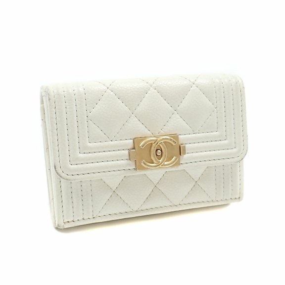 Pre-Owned Chanel Boy Tri-fold Wallet, Women's, White Caviar Leather, A84432, Small Compact...