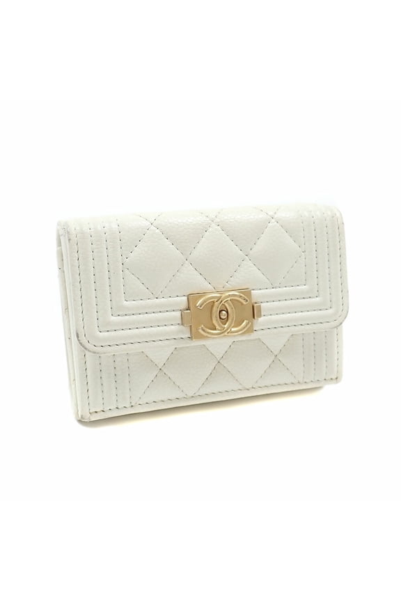 Pre-Owned Chanel Boy Tri-fold Wallet, Women's, White Caviar Leather, A84432, Small Compact...