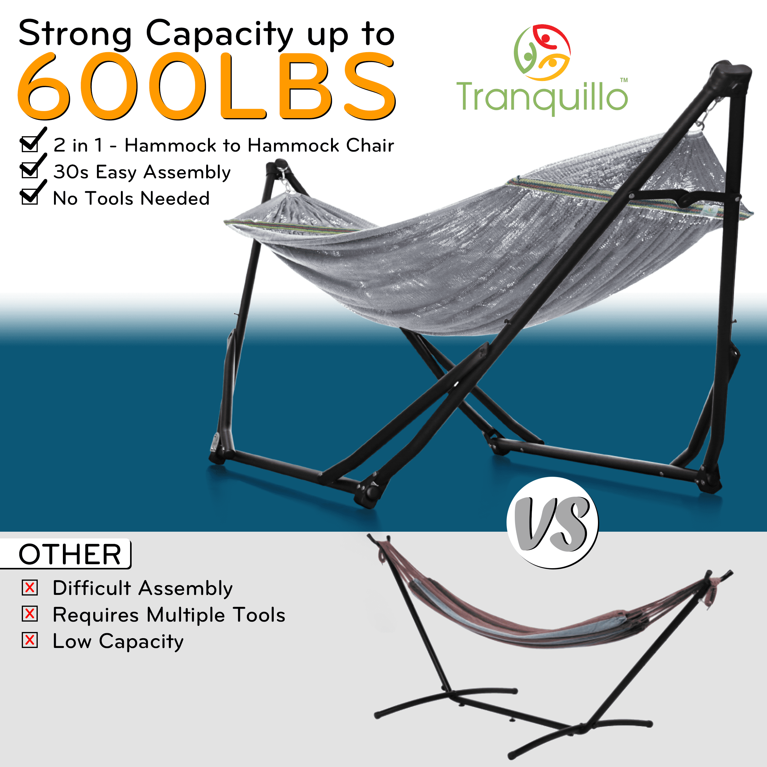 Tranquillo UniGen Hammock, Hammock Stands Heavy Duty Indoor/Outdoor Hammock with Signature Steel Stand, 600lbs Premium Foldable, Durable 2-Layered Soft Polyester, Grey