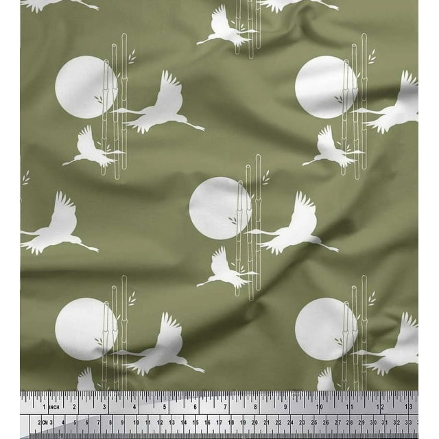 Soimoi Poly Georgette Fabric Bamboo Tree,Moon & Stork Bird Print Sewing Fabric Yard 52 Inch Wide