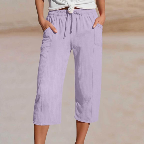ADSSDQ Yoga Capris with Pocket for Women Wide Leg Pants Casual Loose Comfy Trendy Elastic Waist Cropped Trouser Light Purple S