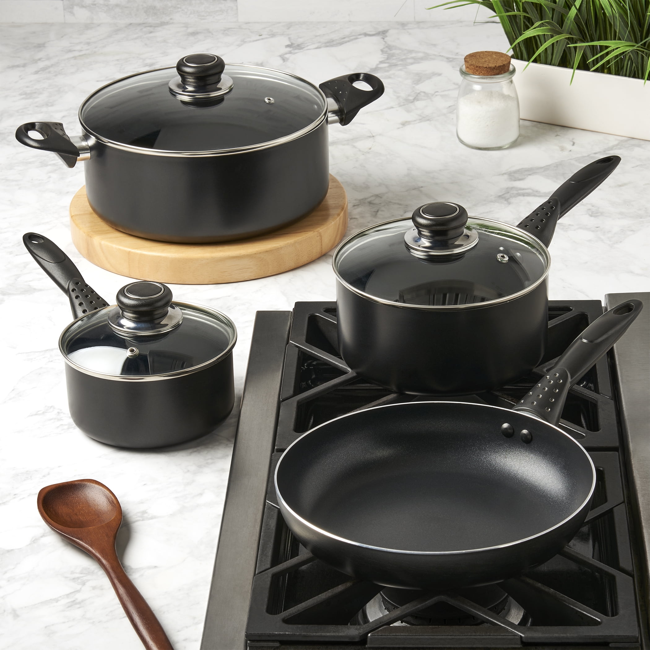 Basic Essentials 7 Piece Nonstick Aluminum Cookware Pots Pans Set, Black