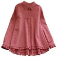 thumbnail image 3 of DDAPJ pyju Women's Spring Tops Dressy Casual Ruffle Plaid Blouse Long Sleeve Button Down Linen Shirts Oversized Boyfriend Shirt Red XL, 3 of 7
