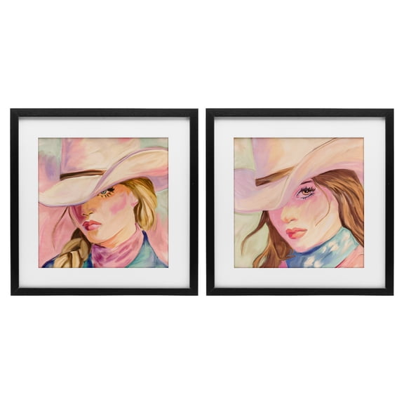 Pastel Cowgirls Gazing 2 Piece Black Framed Print Under Glass Set, design by Kim Allen