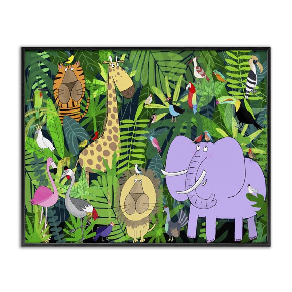 Stupell Industries Eclectic Playful Safari Animals in Green Jungle Illustration Black Framed Giclee Art, 14 x 11, by Carla Daly