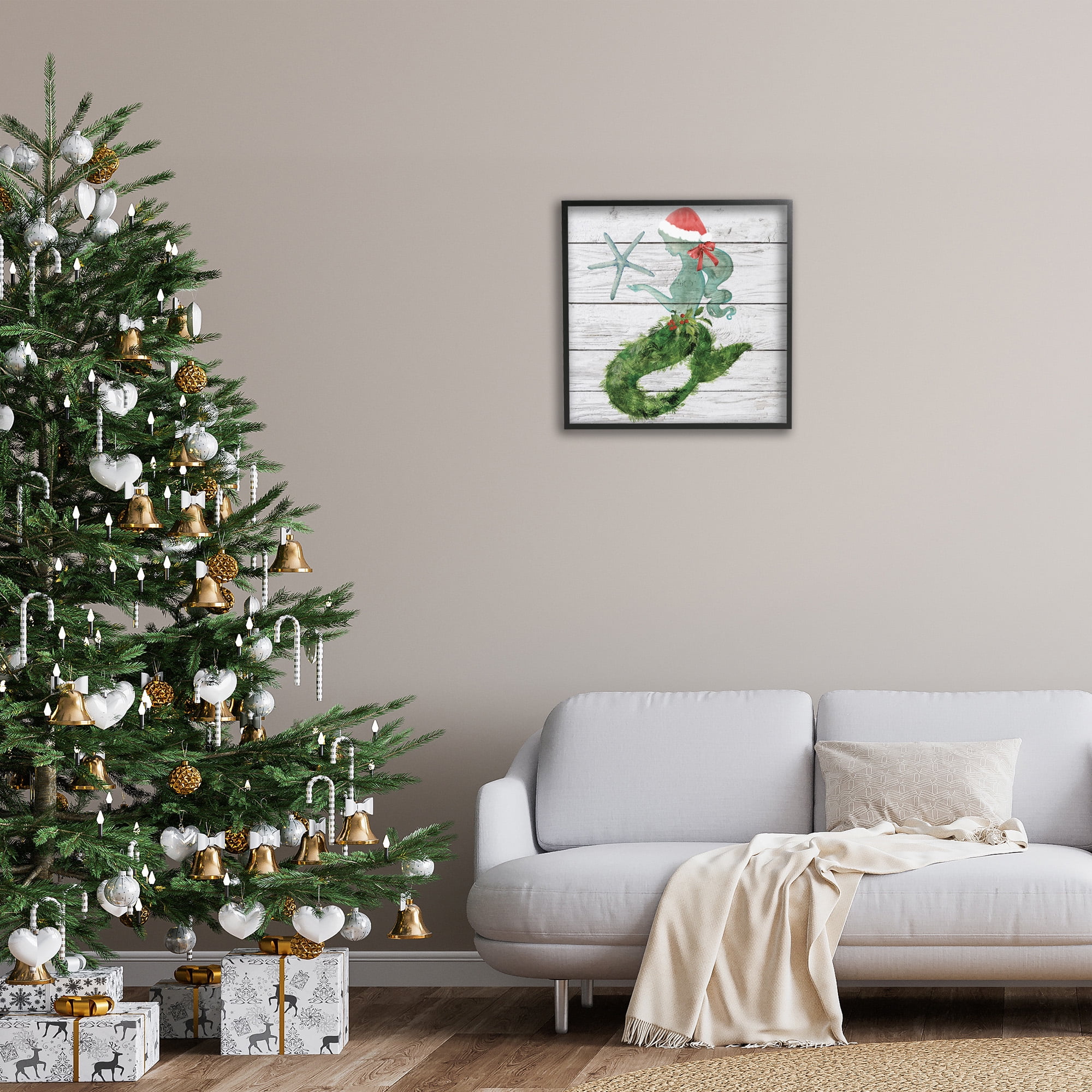 Stupell Industries Christmas Mermaid & Winter Holly Nature Painting Black Framed Art Print Wall Art, 24 x 24