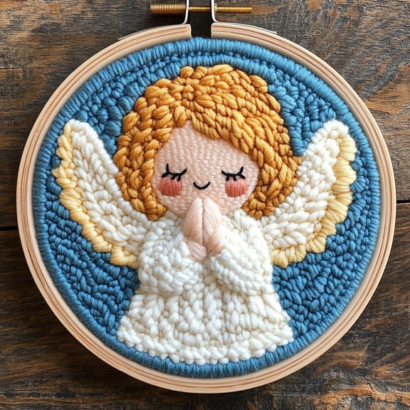 DIY Punch Needle Kits Cute Praying Angel Easy for Beginners Punch Needle Embroidery Set for Craft lovers with Printed Pattern and Hoop for Home Decor 20x20cm-4