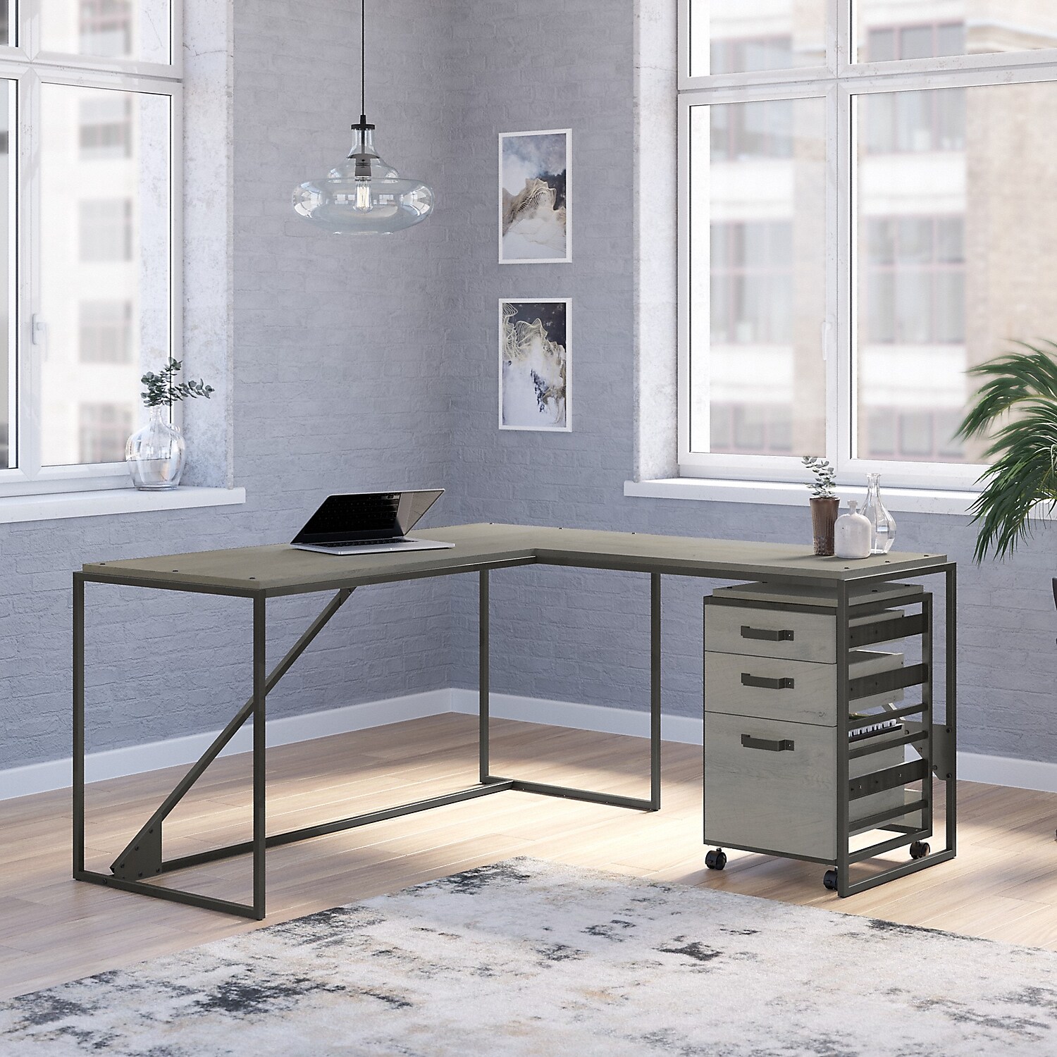 Bush Furniture Refinery 50"W L-Shaped Industrial Desk With File Cabinets, Dark Gray Hickory, Standard Delivery - image 2 of 8