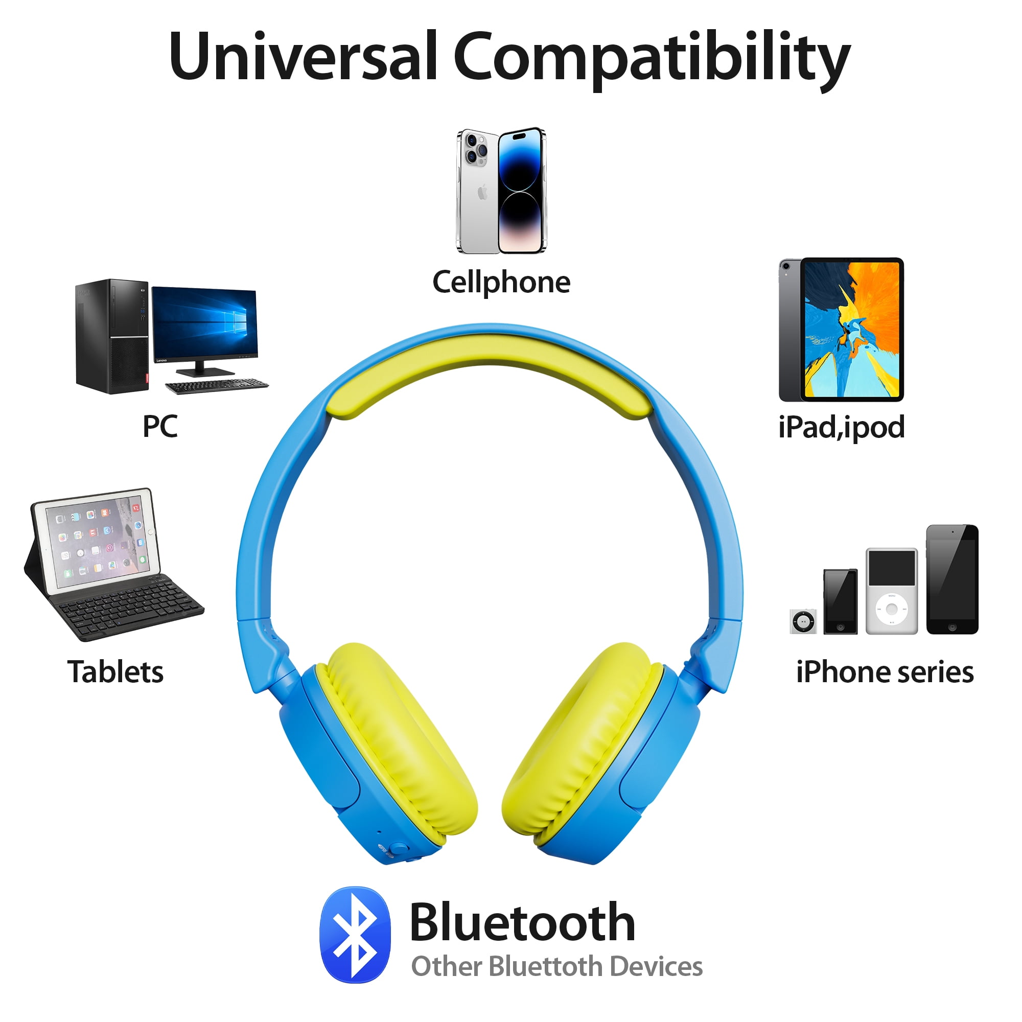 Contixo KB-5 Wireless Kids Headphones, Over-Ear Foldable Bluetooth Headset with 85dB Volume Limit, Blue/Yellow