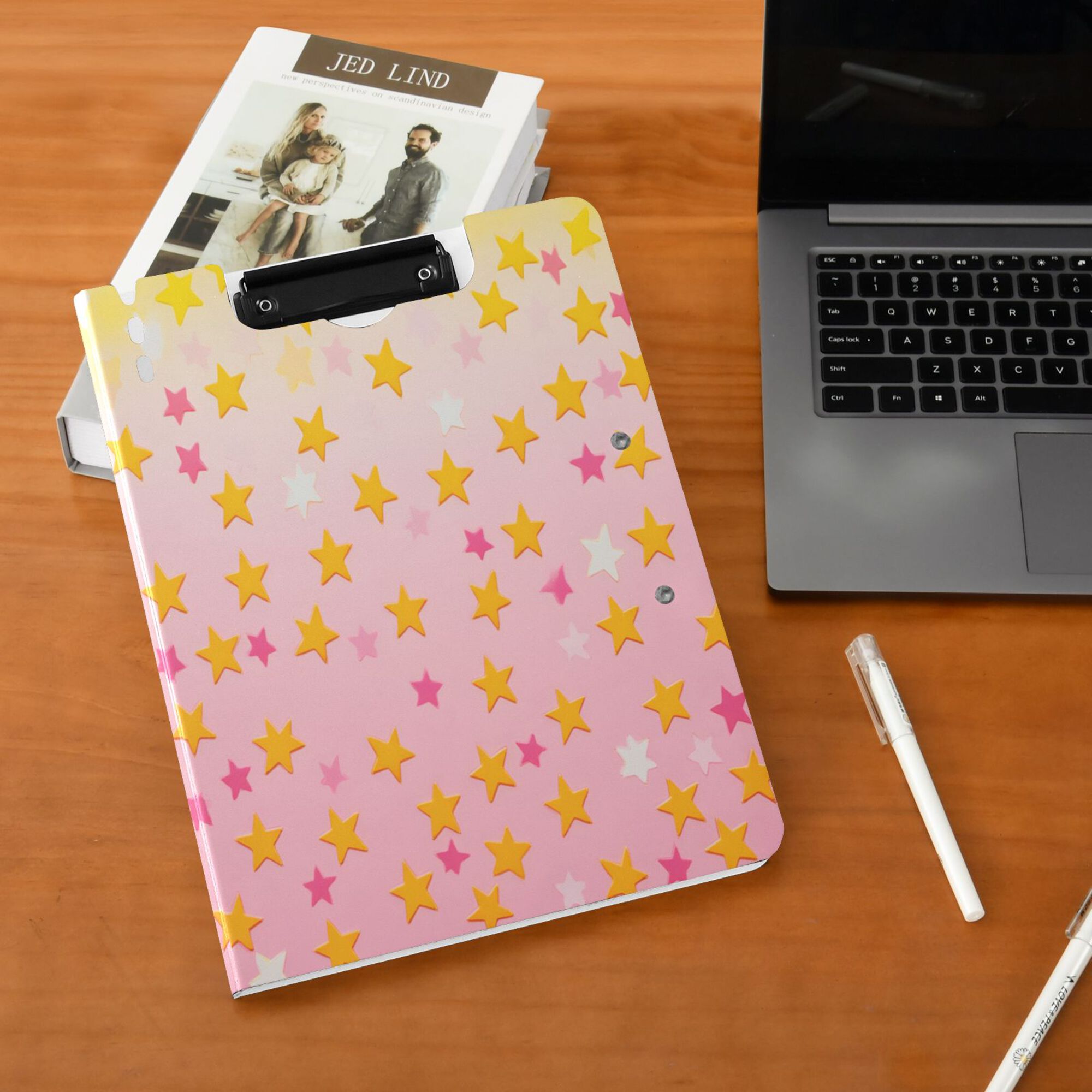 FORMRS A4 Clipboard Folder with Pen Holder Horizontal Foldable School Office Binder, Gradient Pink Stars