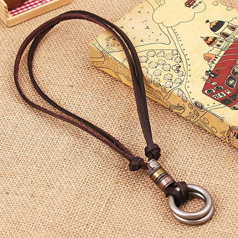 AYYUFE Men Leather Cord Double Circle Ring Pendant Necklace AYYUFE Men Leather Cord Double Circle Ring Pendant Necklace