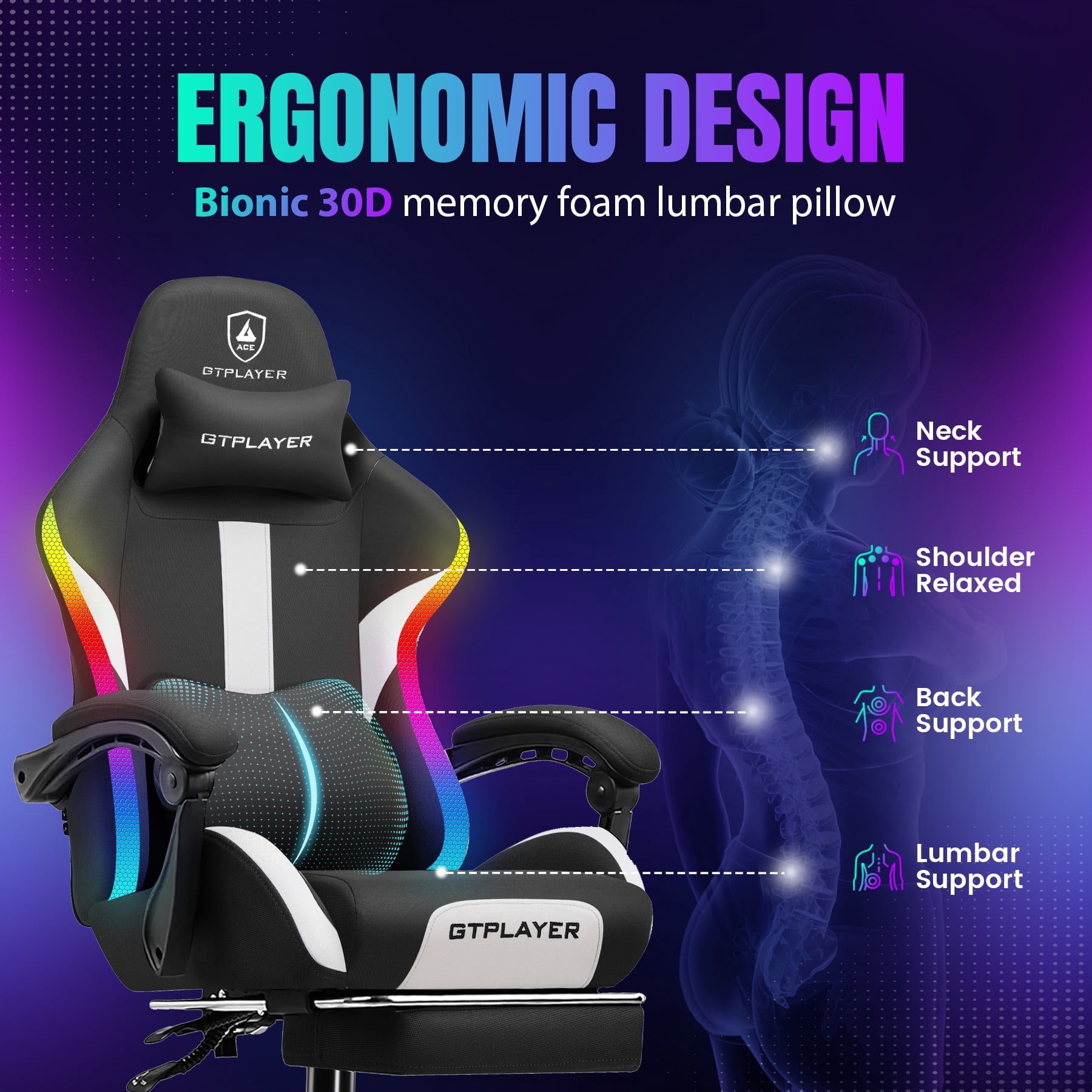GTRACING RGB Gaming Chair with  Racing Style RGB LED Lights & Foot Rest , Breathable Fabric Ergonomic Computer Chair for Home Office Desk