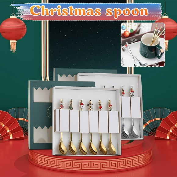 Fiudx Cucharas de Café de Acero Inoxidable, Diseño Navideño de Frutas, Elegante Agitador de Cócteles, Herramienta de Cocina Multiusos, para Bar y Restaurante, Juego de 6 Piezas, Tamaño 18,3 X 18,2 X