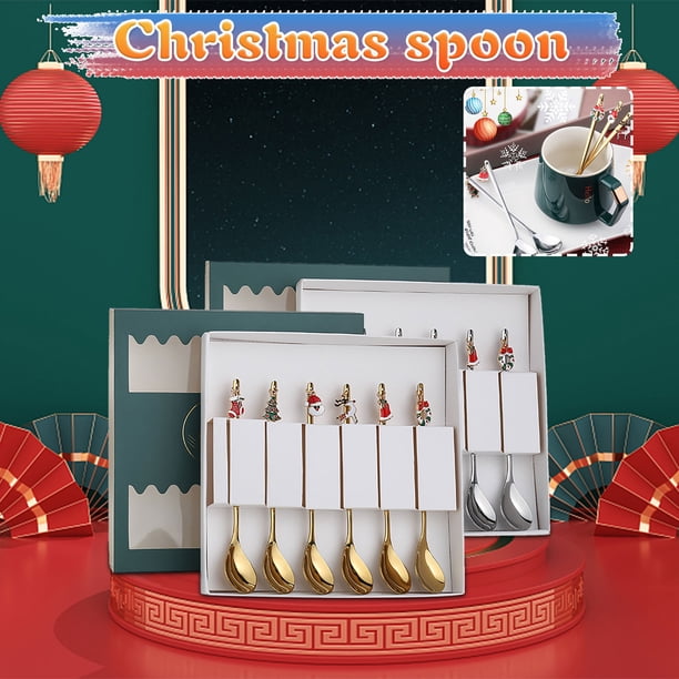 XWSHYW Cucharas Cuchara de Café de Acero Inoxidable, Adornos Navideños de Fruta, Cucharas de Sopa, Agitador Mezclador, Vajilla de Cocina, 6 Uds.