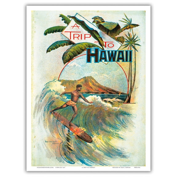A Trip To Hawaii - Hawaiian Surf Rider - Diamond Head Crater Honolulu - Vintage Travel Poster c.1894 - Master Art Print (Unframed) 9in x 12in