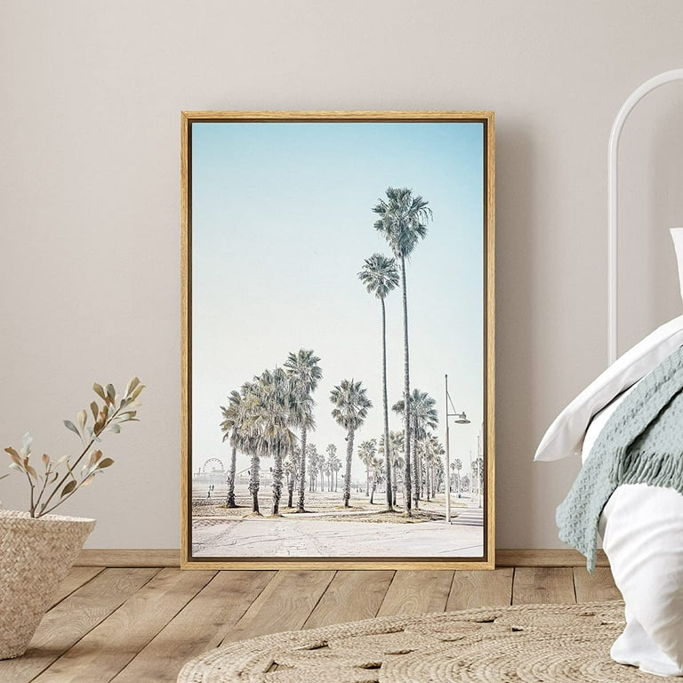 PixonSign Framed Canvas Print Wall Art Short and Tall Palm Trees on The  Sandy Beach Nature Ocean Photography Realism Modern Scenic Colorful Green  for Living Room, Bedroom, Office - 24x36 Natural 