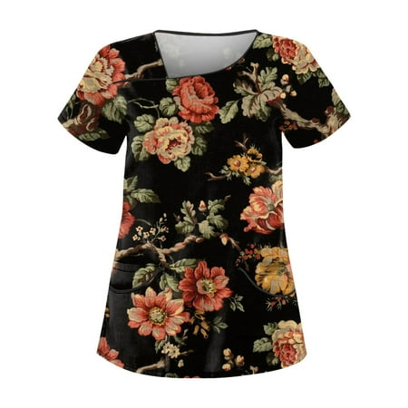 

YDKZYMD Scrub Tops Women Stretchy V Neck with Two Pocket Summer Floral Graphic Plus Size Short Sleeve Uniform for Women Yellow 5XL