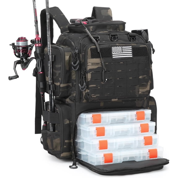 Tactical Fishing Tackle Backpack with Tackle Boxes, Rod Holders, Bottle Holder, 50 L Large Insulated Fishing Backpack Tackle Box with Cooler, Fishing Bag Store Gear & Equipment, Black CM