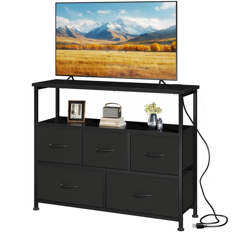 Kelno TV Stand Dresser 5 Fabric Drawers Storage Cabinet with Open Shelf Built in AC USB Type C Charging Station, Black