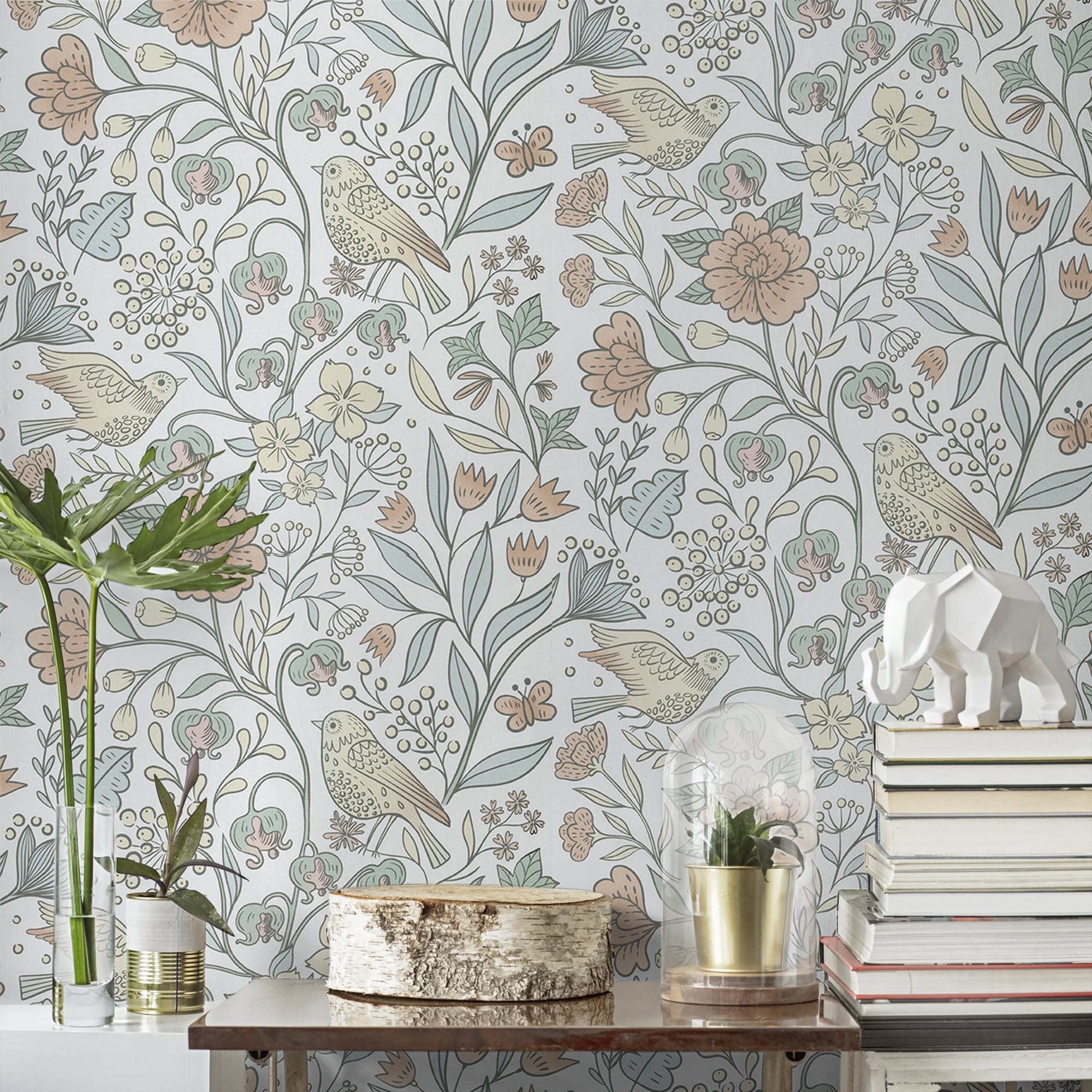 Abyssaly Floral Peel and Stick Wallpaper 17.7 "x 393"White Bird and Flower Wallpaper Vintage Vinyl Contact Paper Suitable for Home Walls Cabinet Bedroom