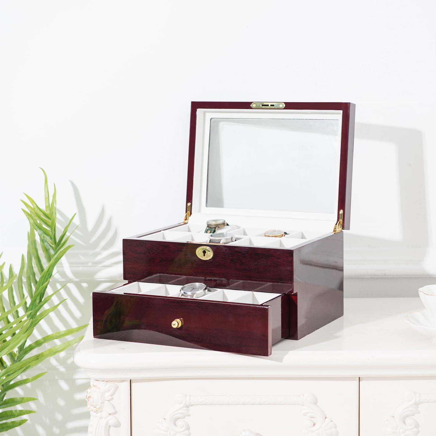 Lowestbest 20 Slots Wooden Case Watch Box, Display Case Glass Top Jewelry Storage Organizer Lowestbest 20 Slots Wooden Case Watch Box, Display Case Glass Top Jewelry Storage Organizer