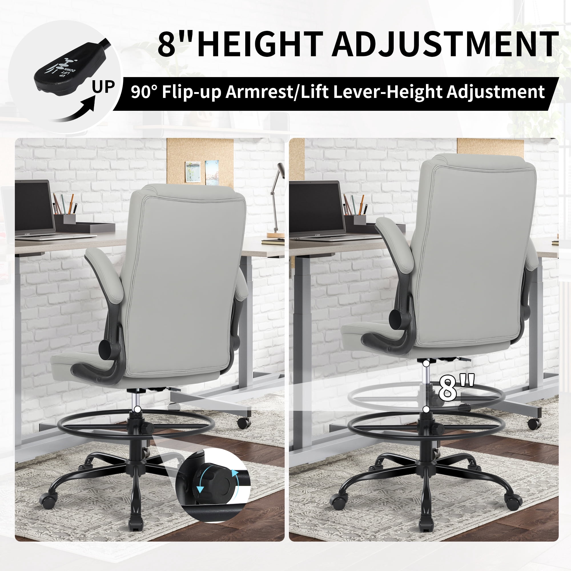 Misolant Drafting Chair, Tall Office Chair for Standing Desk, Standing Desk Chair with Adjustable Height and Flip-up Arm, Leather Drafting Chair, High Office Chair for Counter Height Desk