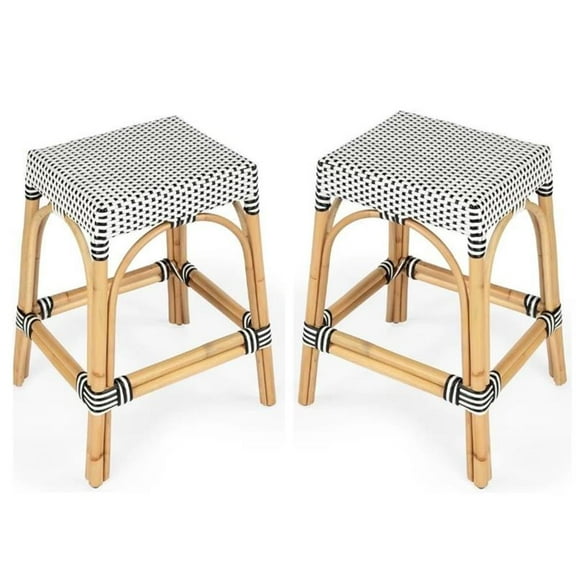 Home Square 2 Piece Rattan Counter Stool Set in Black and White