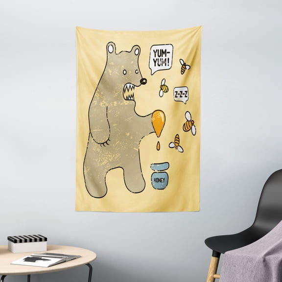 Cartoon Tapestry, Cute Caricature Style Bear with Bees and Honey Saying Yum Yum Kids Comic Graphic, Wall Hanging for Bedroom Living Room Dorm Decor, 40W X 60L Inches, Taupe Yellow, by Ambesonne